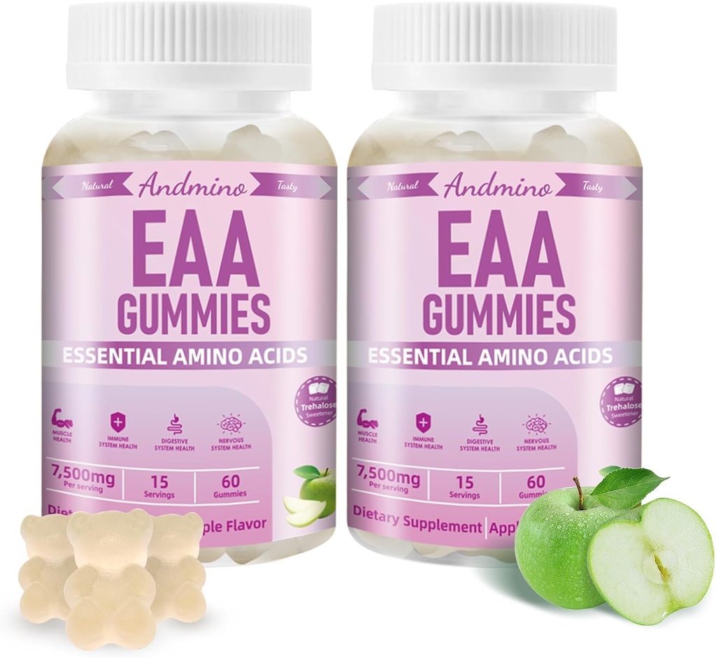 EAA Gummies 7500 mg, BCAA Gummies, Amino Acids Supplement for Muscle, Immune, Nervous & Digestive Health, for Adults & Kids, Non-GMO, Vegan, Gluten Free, Apple Flavor, 120 2