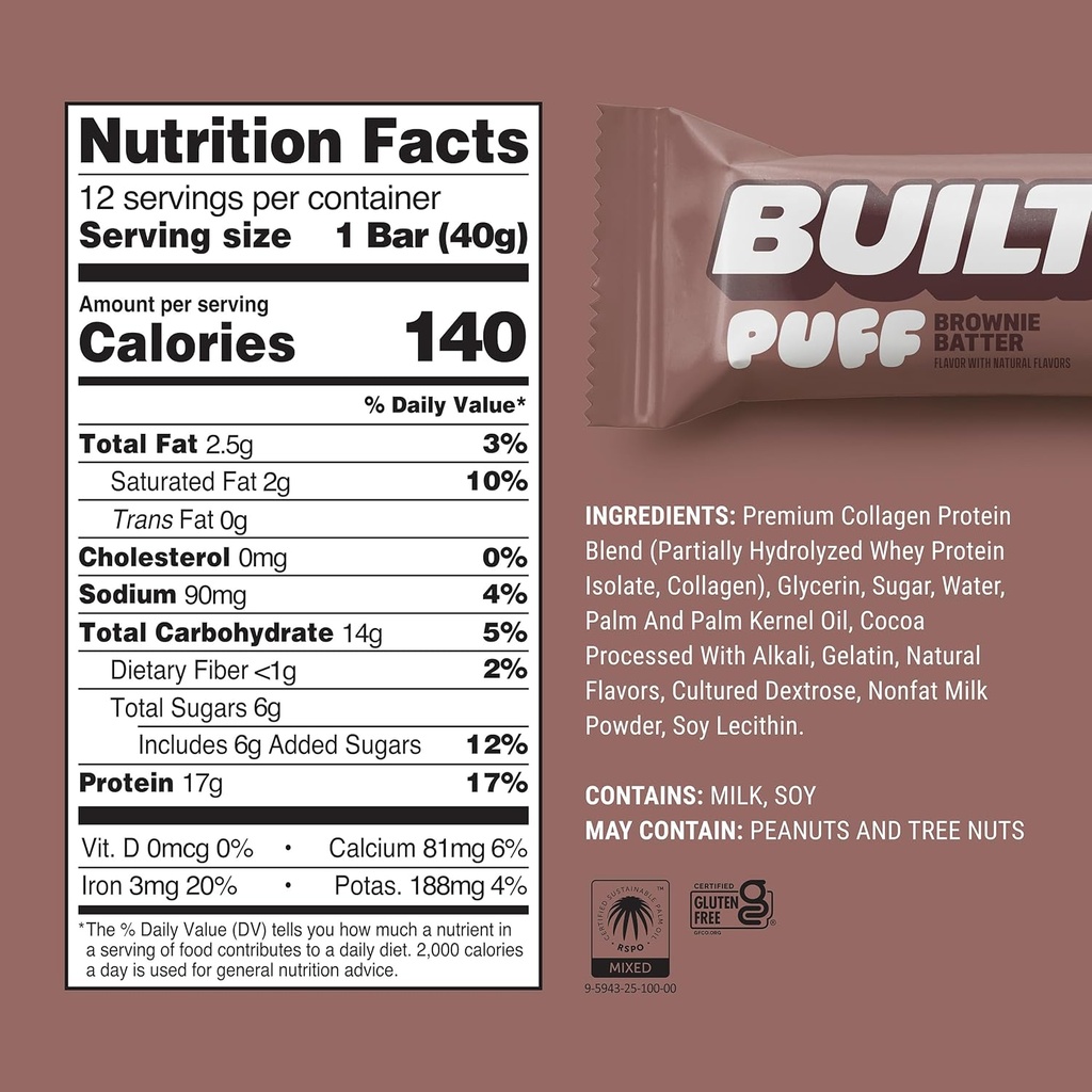 Built Bar, Puff Protein Bars, Brownie Batter Puff, 17g Protein Snacks, On-The-Go Bars, Only 140 Calories, 6g Sugar, Collagen, Gluten Free, 12 Count 3