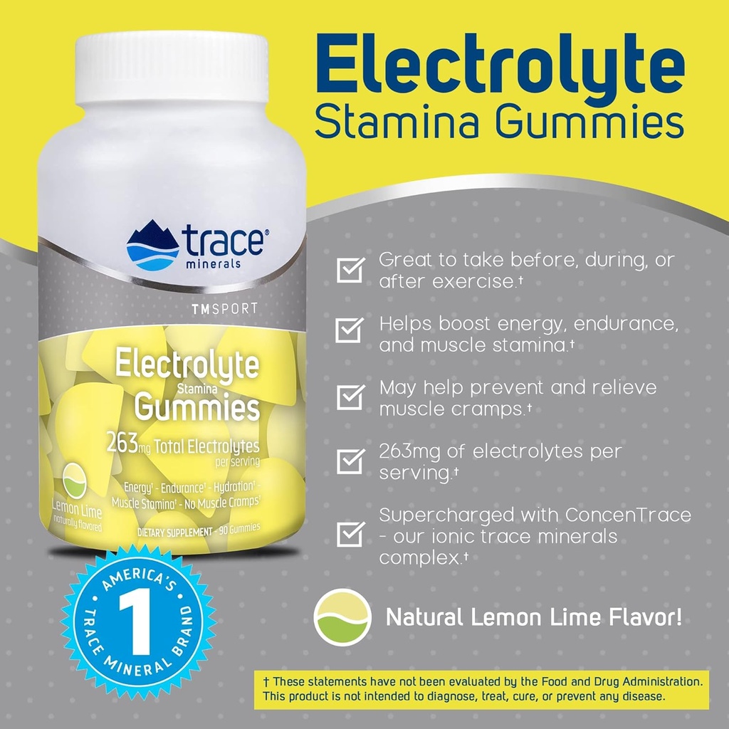Trace Minerals Electrolyte Stamina Gummies - Convenient Electrolyte Supplement That Supports Hydration - Supports Optimal Energy - Muscle Stamina - Vegan - Lemon Lime - 90 Count (30 Servings) 4