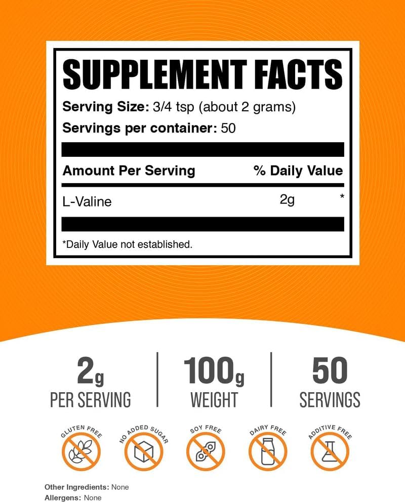 BulkSupplements.com L-Valine Powder - Valine Amino Acids Supplement, BCAA Energy Powder - Unflavored & Gluten Free, 2g per Serving, 100g (3.5 oz) (Pack of 1) 3