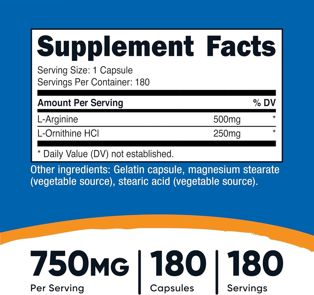 Nutricost L-Arginine L-Ornithine 750mg; 180 Capsules (2 Bottles) 3