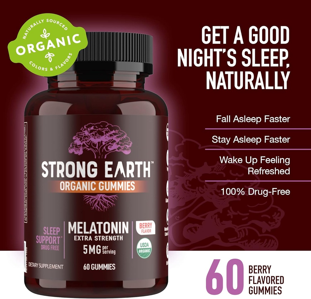 YUM-V'S Organic Melatonin Sleep Aid Gummies, Adults Extra Strength Melatonin Gummy - Vegan Non GMO Sleep Melatonin Gummies for Sleeping Support Berry 5 MG - 60 Count 3
