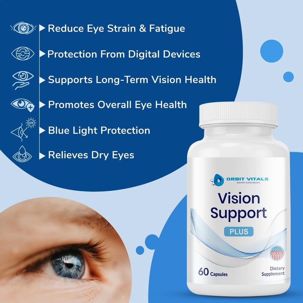 Vision Support Supplements with Lutein, Zeaxanthin, Bilberry Extract - Eye Care Health Vitamin for Eye Strain, Dry Eyes, Screen Blue Light - Ideal for Adults, Elderly - Made in USA, 60 Veggie Capsules 5