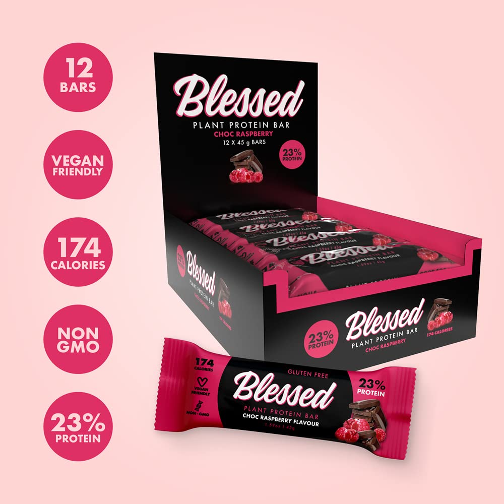 Blessed Vegan Protein Bars - Plant Based Protein Bars Low Calorie High Protein Meal Replacement Bar - Dairy Free, Nutritious Vegan Snacks - 12 Pack Chocolate Raspberry 6