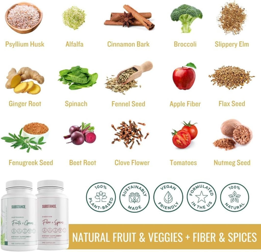 SUBSTANCE. Bundle: Nature's Sustenance Daily Fruits & Veggies (120 Capsules) + Nature's Fiber & Spices (240 Capsules) - Enhance Digestive Health, Energy & Overall Wellness - US Made, Vegan-Friendly 3