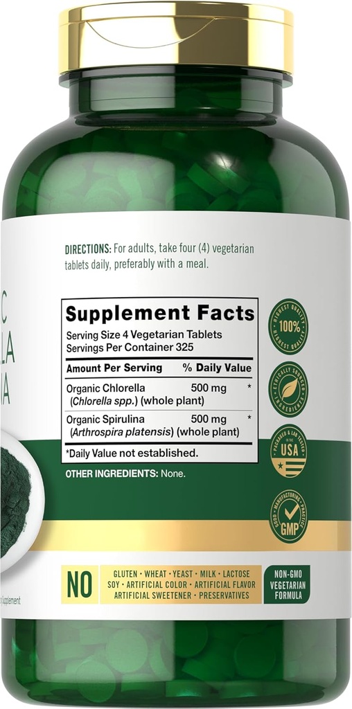 Carlyle Organic Chlorella Spirulina Tablets | 1300 Count | 50/50 Blend | Non-GMO and Gluten Free Supplement 3