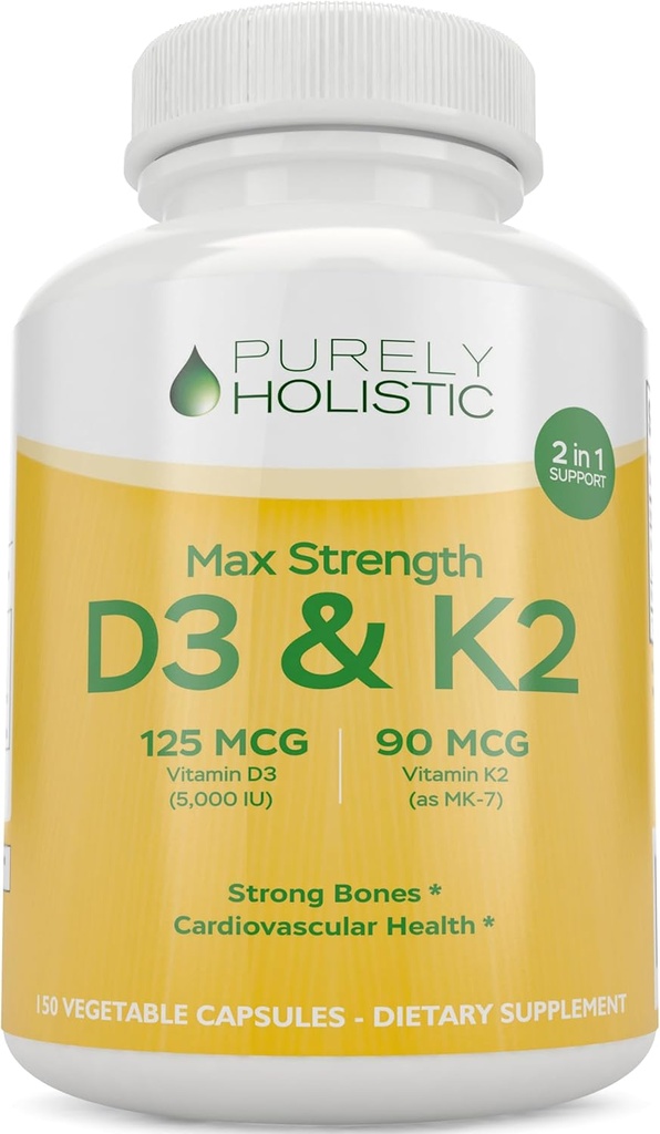Purely Holistic Vitamin D3 125mcg and Vitamin K2 90mcg MK7-4 Month Supply 150 Vegetarian Capsules - Vitamin D3 & K2 Menaqunione - High Strength Cholecalciferol Made in The USA 2