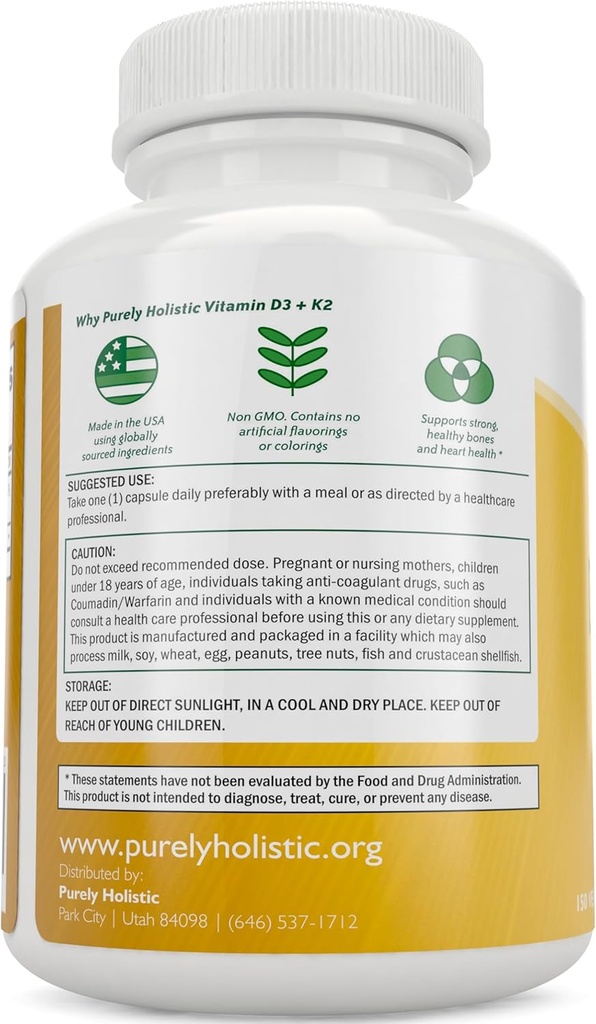 Purely Holistic Vitamin D3 125mcg and Vitamin K2 90mcg MK7-4 Month Supply 150 Vegetarian Capsules - Vitamin D3 & K2 Menaqunione - High Strength Cholecalciferol Made in The USA 4