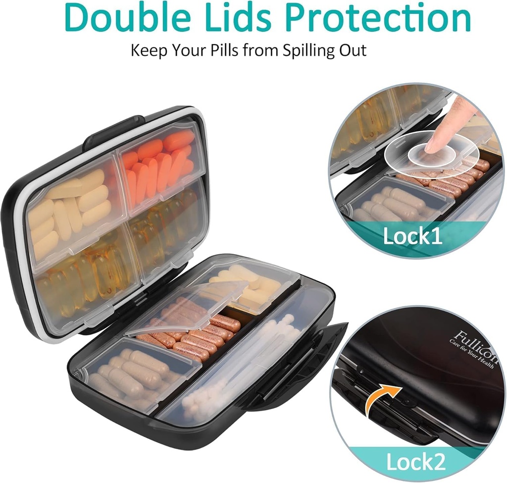 Travel Pill Organizer Large Portable Medication Fullicon Oversize 8 Compartment Pill Box, Vitamin Travel Case Pill Holder - Airtight & Moistureproof (Black) 5