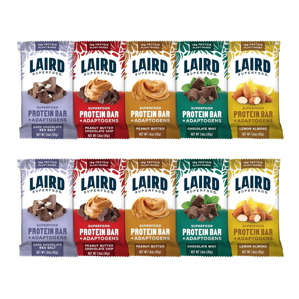 Laird Superfood Functional Protein Bars – Protein Bar but Better with Real Ingredients, Functional Mushrooms 10g Plant-Based Protein, 6g Fiber - Non-GMO - 5 Flavor Variety Pack, 10 Count (Pack of 1) 2