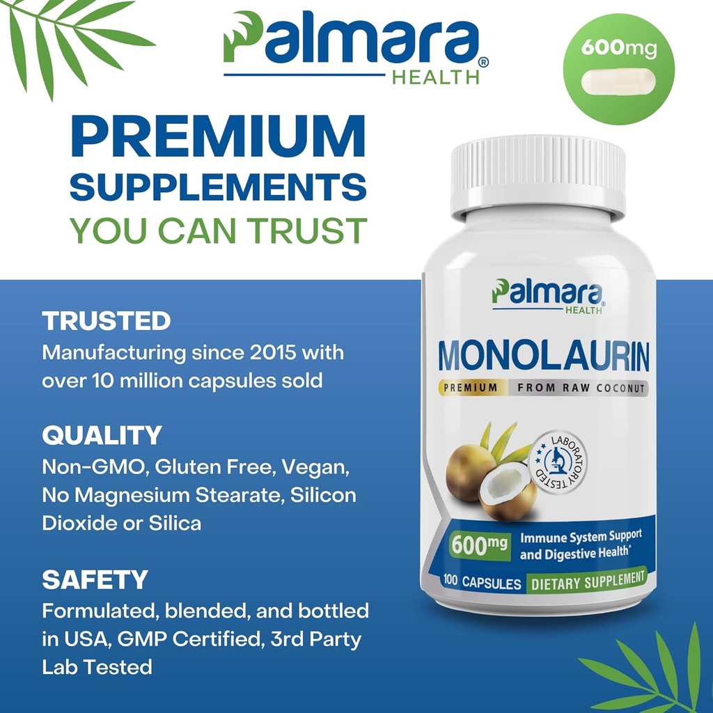 Palmara Health Premium Monolaurin 600mg + Andrographis Extract 3