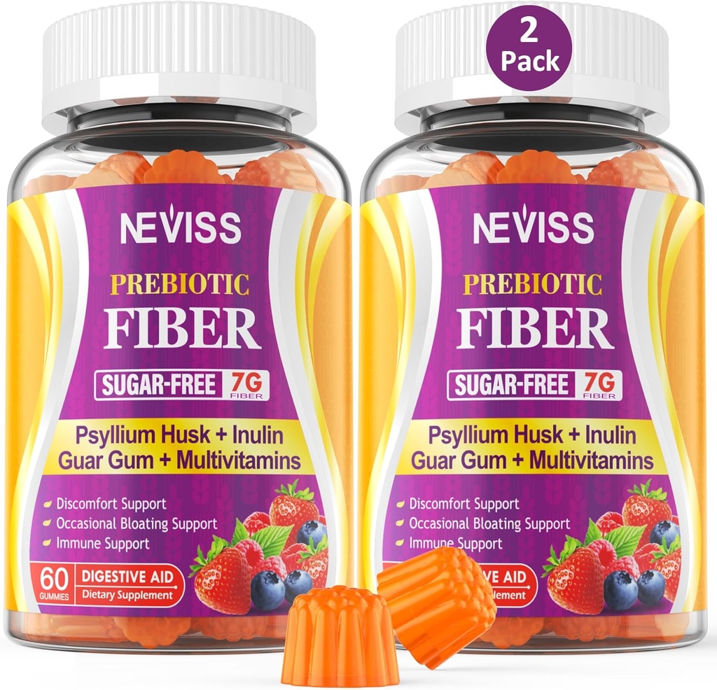 NEVISS Psyllium Husk Prebiotic Fiber Gummies - 7G Fiber with 2000mg Prebiotic Fiber Blend & Multivitamins - Inulin, Fos, Guar Gum & Multi Digestive Enzymes Vitamin Gummies Chewable 3