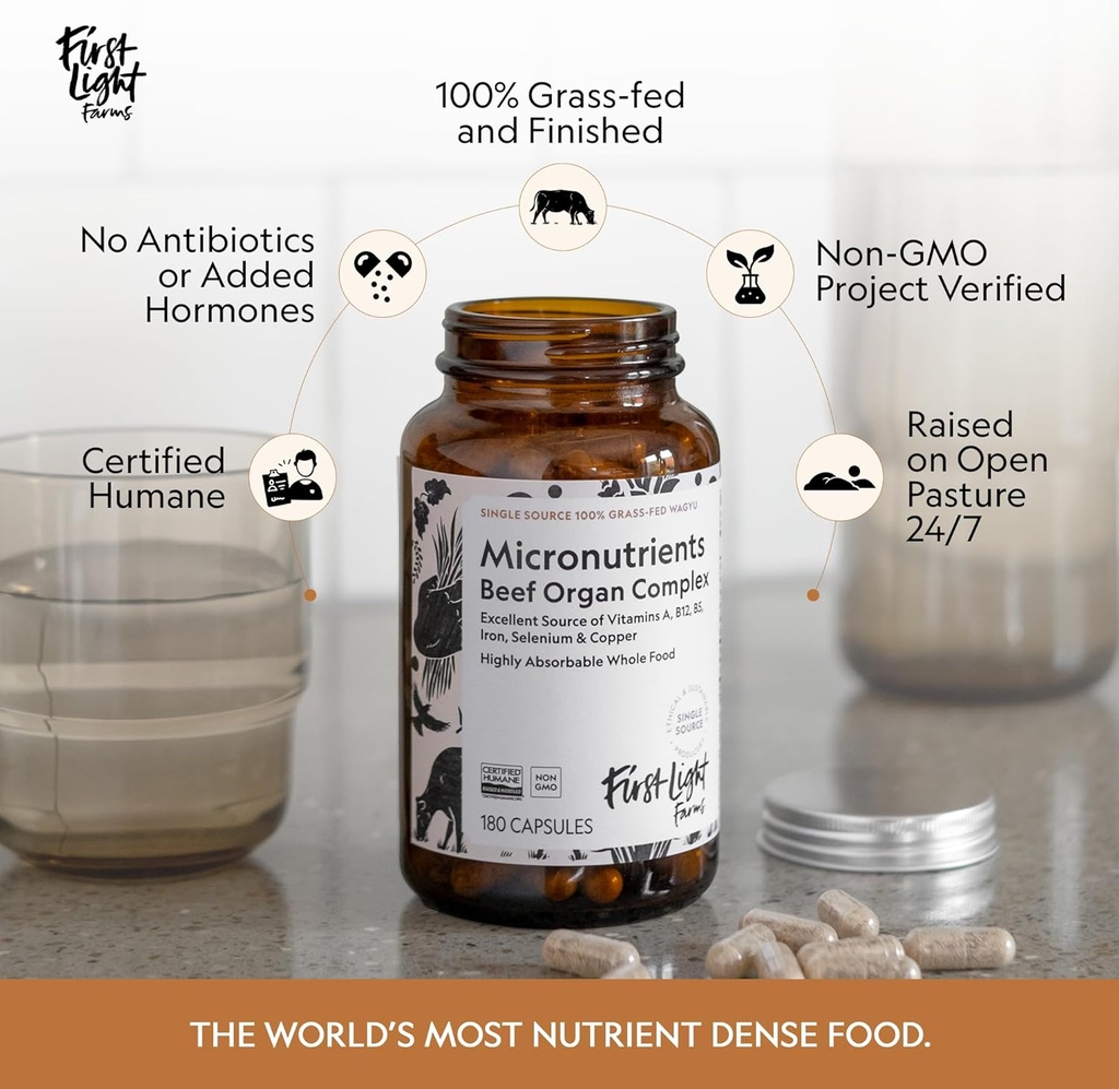 First Light Farms Freeze-Dried Wagyu Beef Organ Supplement Grass-Fed | 180 Capsules | Whole Food Nutrition with Liver, Heart, Kidney & Spleen | Beef Organ Complex, Certified Humane 6