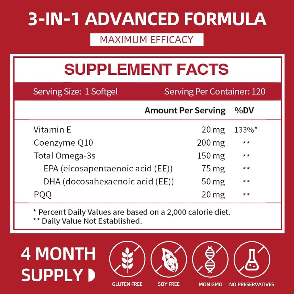 CoQ10 200mg Softgels with PQQ & Omega 3, Maximum Absorption Coenzyme Q10, Powerful Antioxidant for Heart & Energy Health, 120 Count, 4 Month Supply, Non-GMO 3