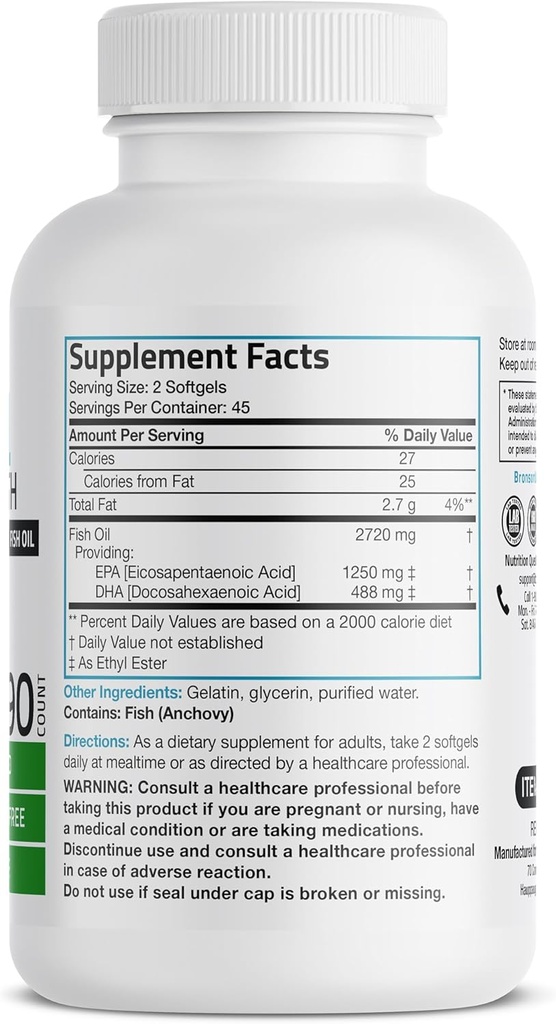 Bronson Omega 3 Fish Oil Triple Strength 2720 mg, High EPA 1250 mg DHA 488 mg, Non-GMO Heavy Metal Tested, 90 Softgels 3