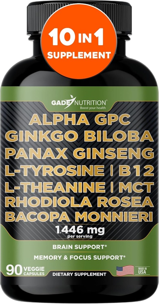 Gade Nutrition Alpha GPC + Ginkgo Biloba + Panax Ginseng + L- Tyrosine, L-Theanine, Bocopa Monnieri, Rhodiola Rosea, B12, MCT 2