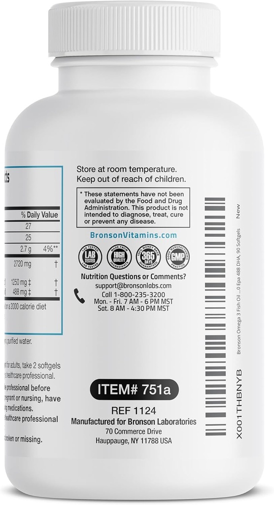 Bronson Omega 3 Fish Oil Triple Strength 2720 mg, High EPA 1250 mg DHA 488 mg, Non-GMO Heavy Metal Tested, 90 Softgels 6