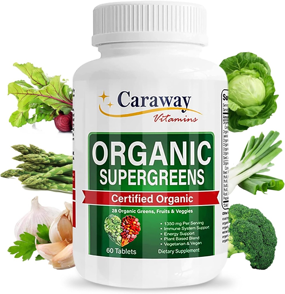 Organic Superfoods Vitamins Super Greens Complex by Caraway Vitamins 1,350 mg per Serving 28 Fruits Vegetables Greens 60 Count Tablets Non-GMO Natural for Men & Women 2
