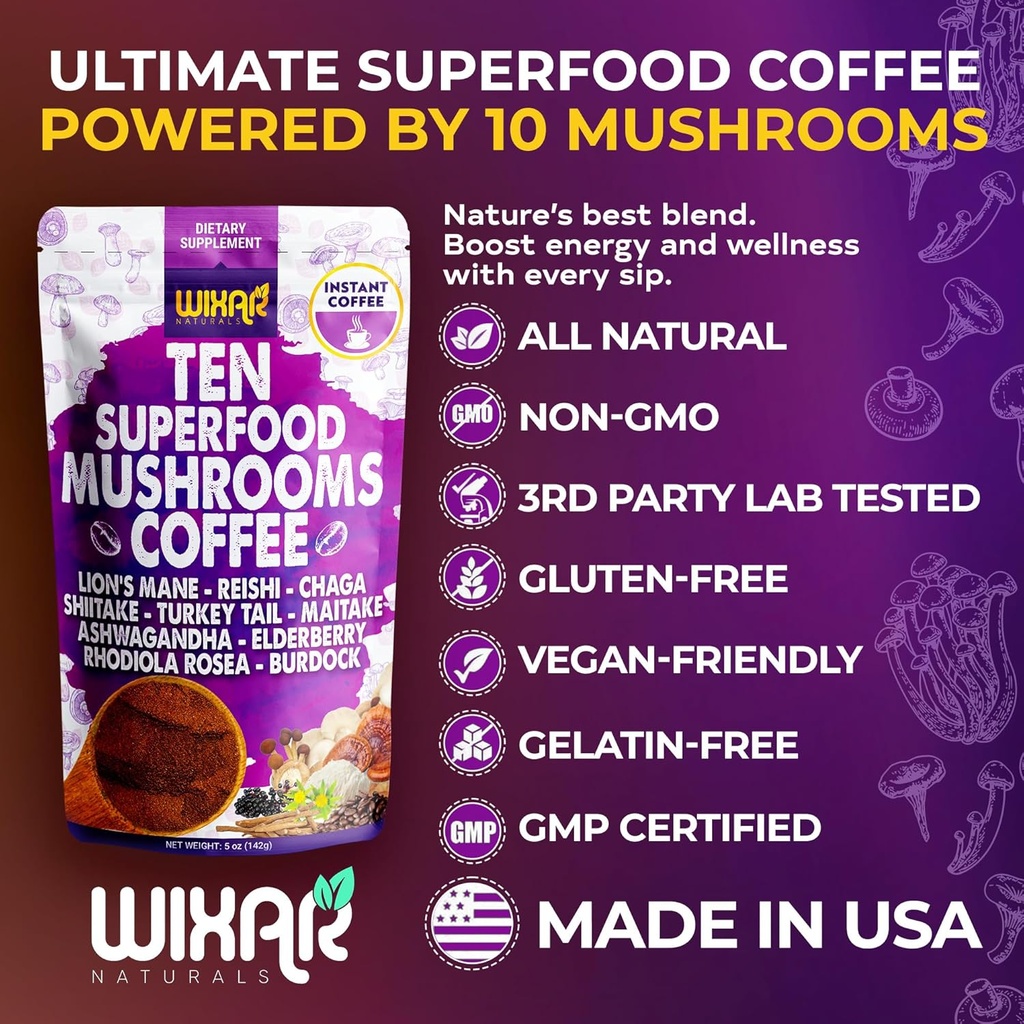 WIXAR Superfood Mushroom Coffee - Instant Coffee Powder, Ten Superfood Extracts with Lion's Mane, Turkey Tail, Reishi, Chaga, Shiitake, Ashwagandha, Rhodiola Rosea, Elderberry, 5oz Mushroom Supplement 5