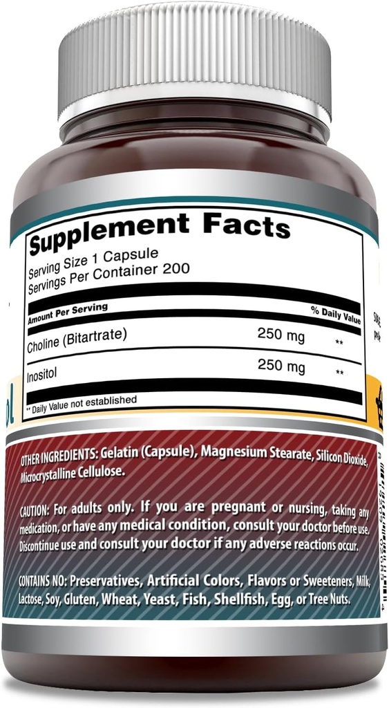 Amazing Formulas Choline & Inositol Supplement | 500 Mg Per Serving | Capsules | Non-GMO | Gluten-Free | Made in USA (1 Pack, 200 Count) 3