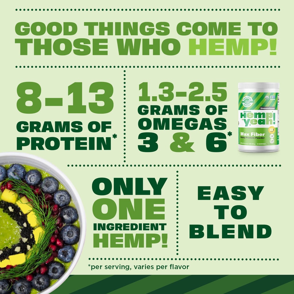 Manitoba Harvest Hemp Yeah Organic Max Fiber Protein Powder, Vanilla, 16oz, with 10g of Fiber, 9g Protein and 1.9g Omegas 3&6 per Serving, Preservative Free, Non-GMO, Packaging May Vary 4