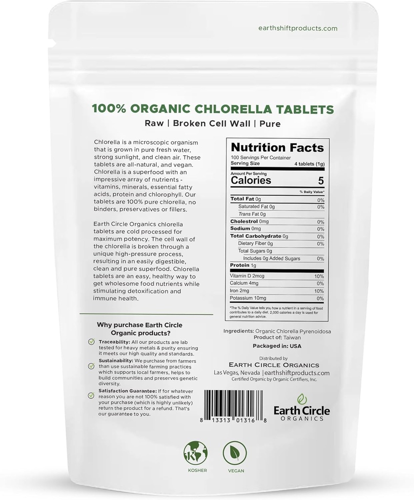 Organic Chlorella Tablets 400 Count | High Potency Superfood | Chlorophyll Pills from 100% Pure Green Algae | Broken Cell Wall for Maximum Absorption | Vegan, Kosher, Non-GMO | 4 Tabs per Day (2-Pack) 3