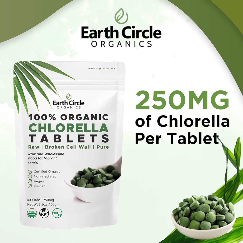 Organic Chlorella Tablets 400 Count | High Potency Superfood | Chlorophyll Pills from 100% Pure Green Algae | Broken Cell Wall for Maximum Absorption | Vegan, Kosher, Non-GMO | 4 Tabs per Day (2-Pack) 5