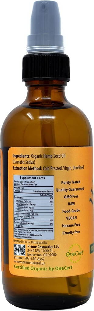 PRIME NATURAL Organic Hemp Seed Oil 4oz - USDA Certified - Sativa Oil - Pure, Cold Pressed, Virgin, Unrefined, Vegan, Food Grade - High Omega 3 6 9 Fatty Acids - Good for Face, Body, Skin & Hair Care 3