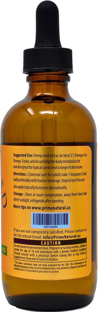 PRIME NATURAL Organic Hemp Seed Oil 4oz - USDA Certified - Sativa Oil - Pure, Cold Pressed, Virgin, Unrefined, Vegan, Food Grade - High Omega 3 6 9 Fatty Acids - Good for Face, Body, Skin & Hair Care 4