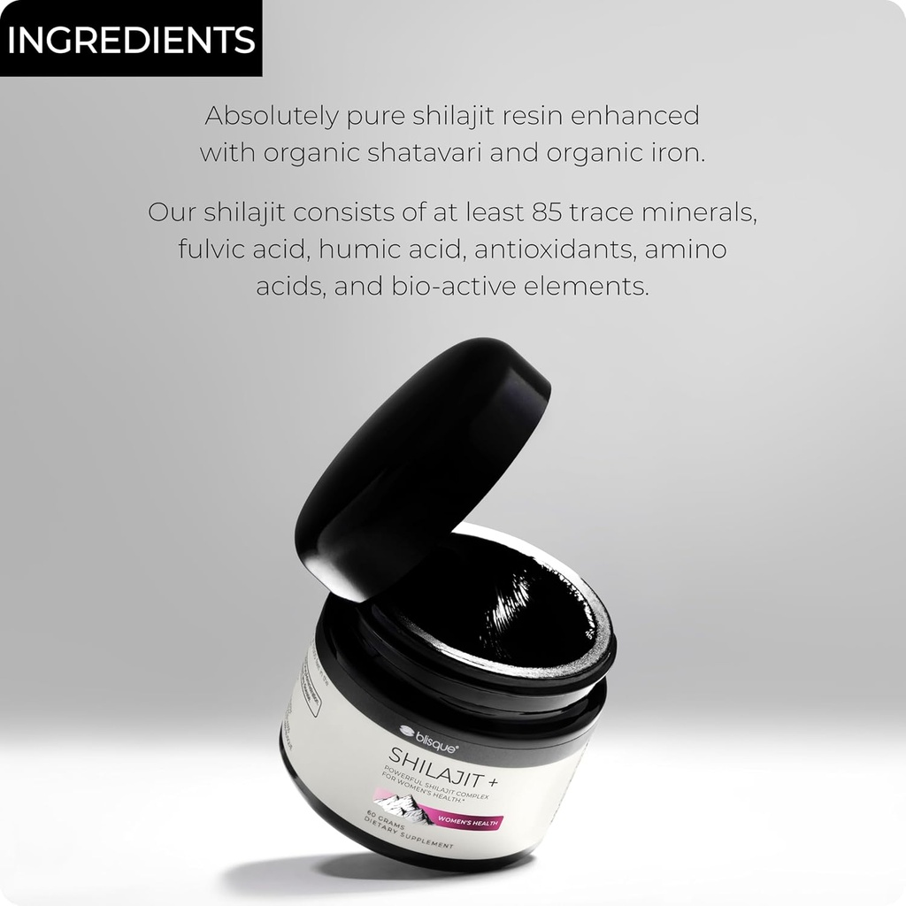 Blisque - Pure Himalayan Organic Shilajit Resin Supplement | for Women’s Health | with Organic Shatavari and Iron | Authentic and Natural | 60 Grams 5