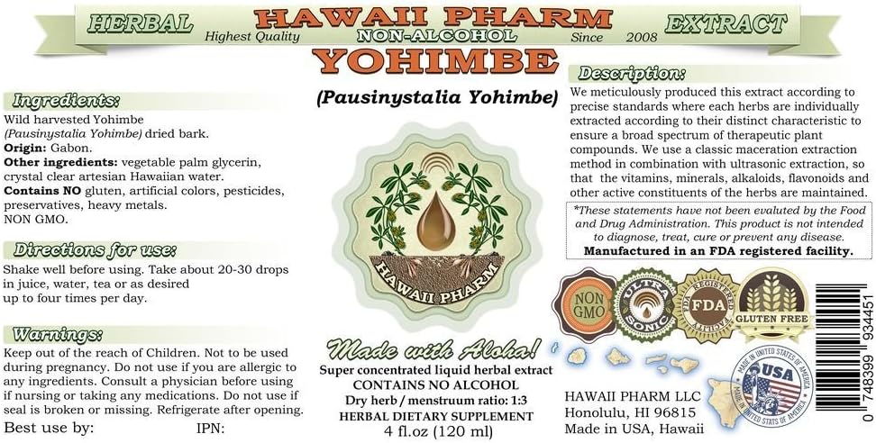 Hawaii Pharm Yohimbe Alcohol-Free Liquid Extract, Yohimbe Liquid (Pausinystalia Yohimbe) Dried Bark Glycerite Natural Herbal Supplement, USA 64 fl.oz 3