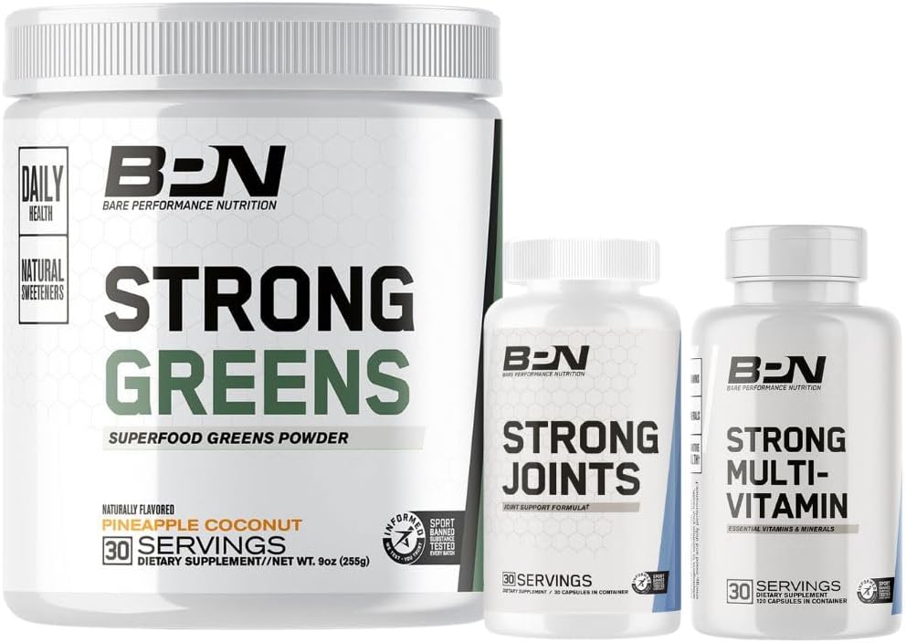 BARE PERFORMANCE NUTRITION BPN Strong Greens Superfood Powder, Strong Joints & Strong Multi-Vitamin Bundle 2