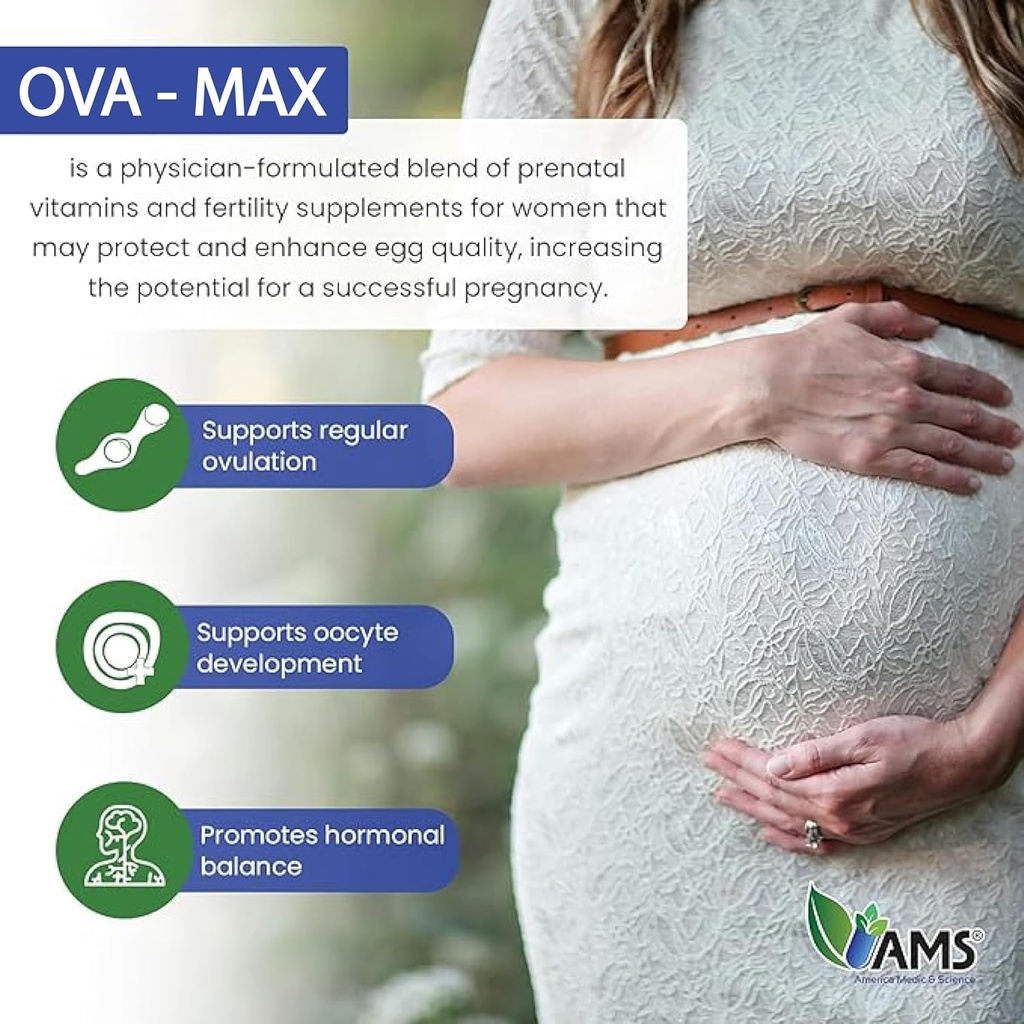 America Medic & Science OVA-Max Prenatal Vitamins for Women (120 Capsules) Boosts Fertility and Ovulation | Pregnancy Aid and Female Preconception Supplements with CoQ10, Folic Acid, and Myo-Inositol 5