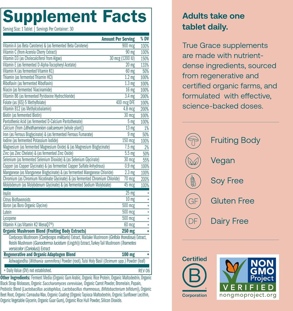 True Grace One Daily Women’s Multivitamin Fermented Minerals, Organic Adaptogens & Mushrooms Whole Body Balance, Immune, Energy, Beauty Support - Non-GMO, Gluten Free, Soy Free - 30 Vegan Tablets 3