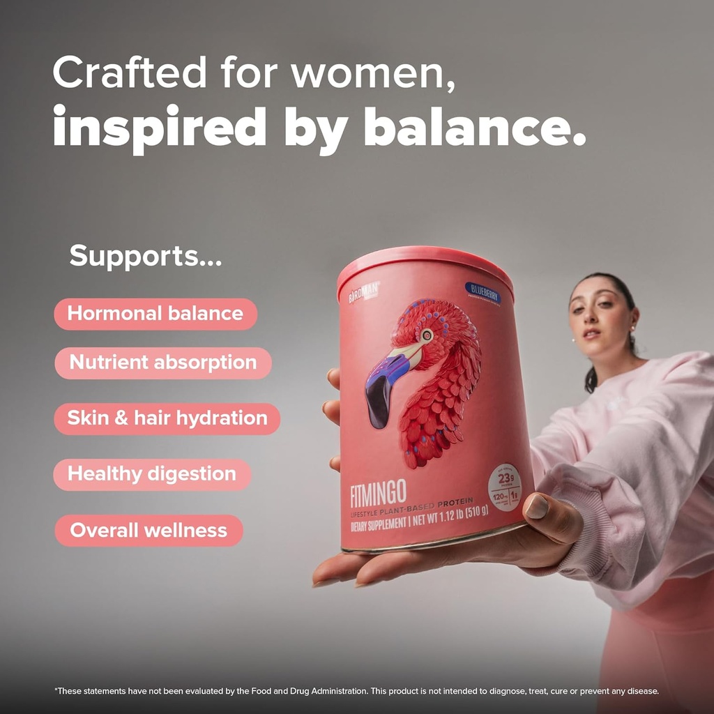 BIRDMAN Fitmingo Vegan Protein Powder with Inositol, Collagen Boosters, Hyaluronic Acid and Vitamins | Low Carb, Dairy Free, Low Calorie | 23g Plant Based Blueberry Protein Powder with Myo-Inositol 4