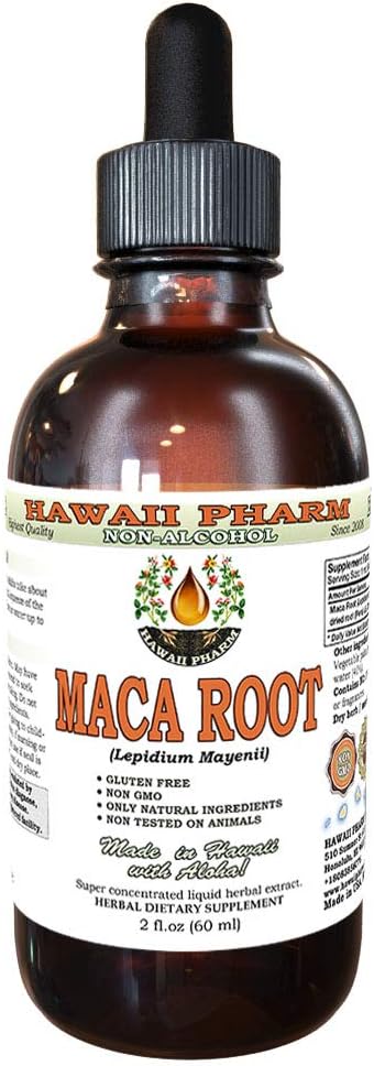 Hawaii Pharm Maca Root Alcohol-Free Liquid Extract, Organic Maca (Lepidium Meyenii) Whole Dried Plant Glycerite Natural Herbal Supplement, USA 2oz 2