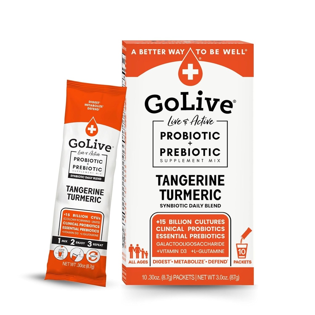 GoLive Prebiotic and Probiotic for Women, Men, Kids. Tangerine Turmeric Synbiotic Powder w/ L-Glutamine, Vitamin D3, Electrolytes. For Gut Health, Digestion, Metabolism, Immunity 15-50B CFUs. 2
