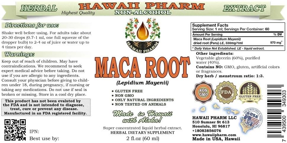 Hawaii Pharm Maca Root Alcohol-Free Liquid Extract, Organic Maca (Lepidium Meyenii) Whole Dried Plant Glycerite Natural Herbal Supplement, USA 2oz 3