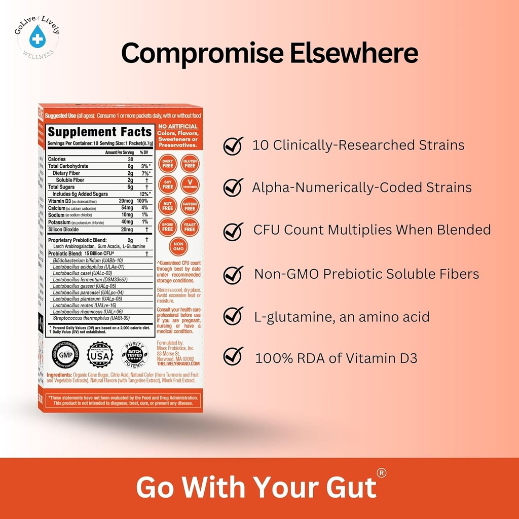 GoLive Prebiotic and Probiotic for Women, Men, Kids. Tangerine Turmeric Synbiotic Powder w/ L-Glutamine, Vitamin D3, Electrolytes. For Gut Health, Digestion, Metabolism, Immunity 15-50B CFUs. 5