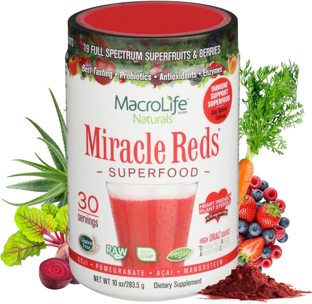 MacroLife Naturals Miracle Reds Superfood Supplement Powder Antioxidants Polyphenols Enzymes Probiotics - Raw Non-GMO Organic Vegan Gluten & Dairy Free (30 Servings) 2