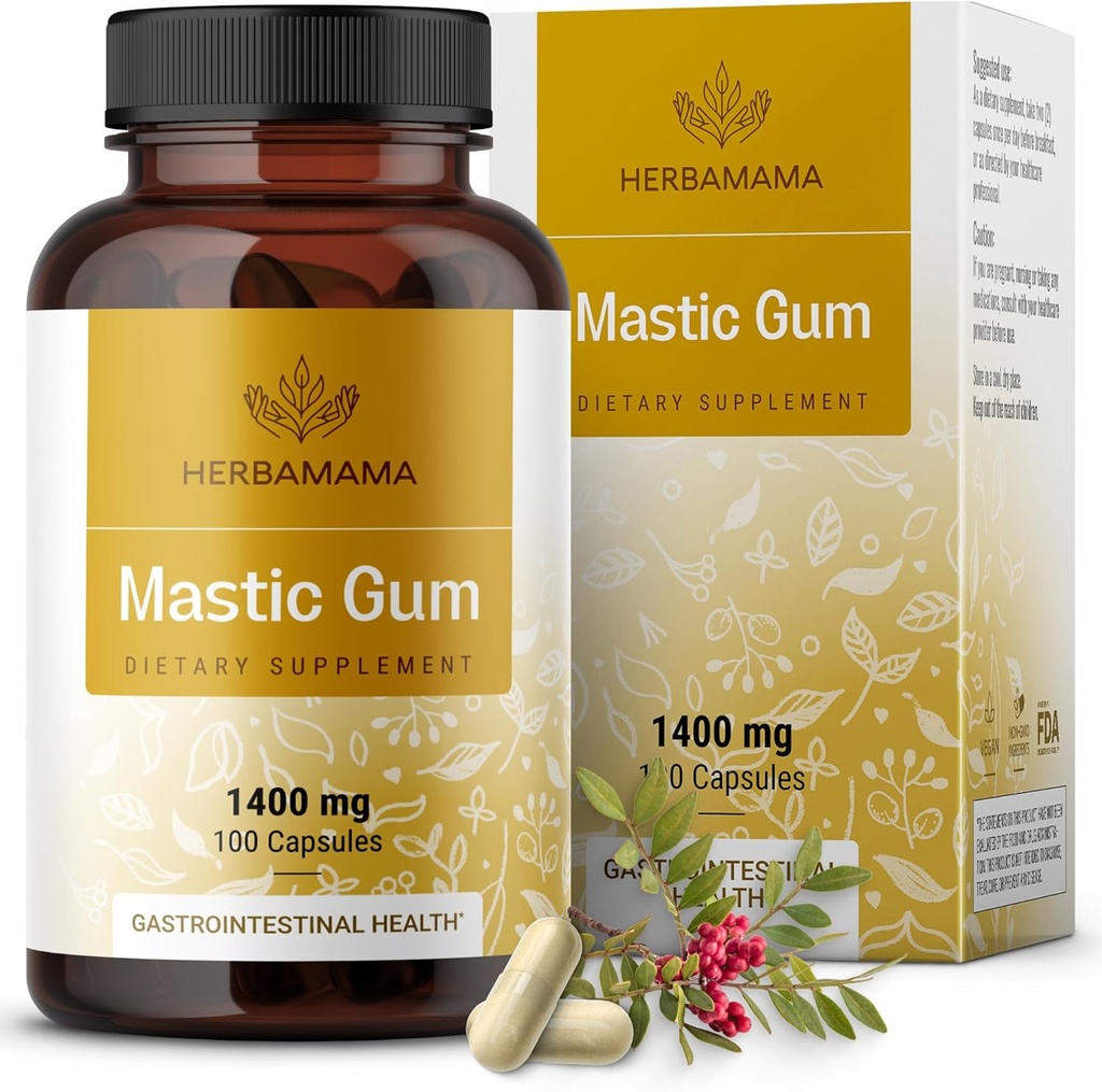 HERBAMAMA Mastic Gum Capsules 1400mg - Gut & Digestive Support with Mastic Gum Supplement - Vegan, Non-GMO Resin Digestion Capsules 2