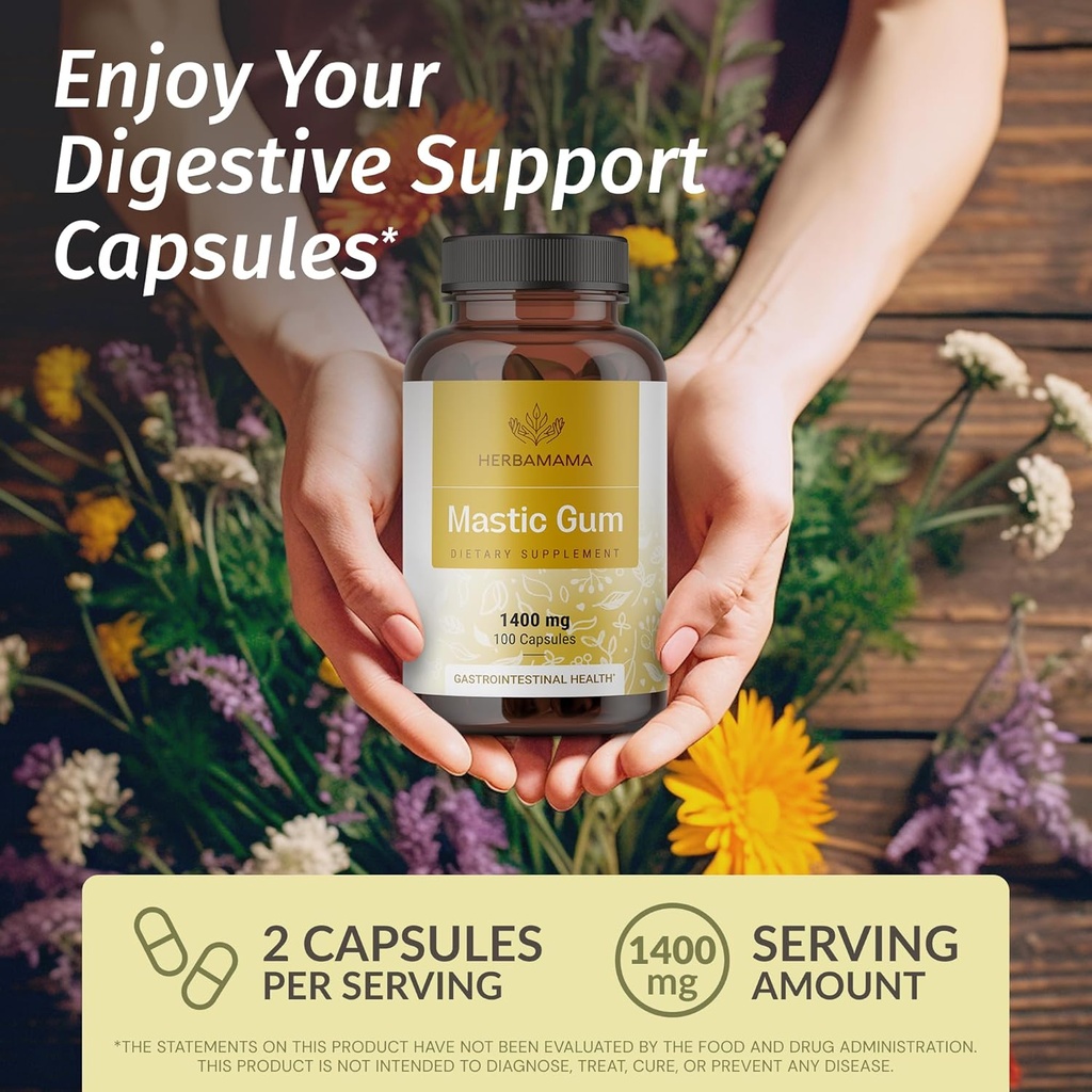 HERBAMAMA Mastic Gum Capsules 1400mg - Gut & Digestive Support with Mastic Gum Supplement - Vegan, Non-GMO Resin Digestion Capsules 3