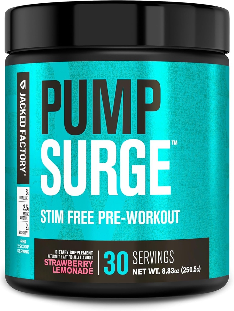 Jacked Factory Pumpsurge Caffeine Free Pre Workout for Men & Women - Nootropic Booster & Stim Free Pre Workout - Intense Pumps, Enhanced Focus - 30 Servings, Strawberry Lemonade 2