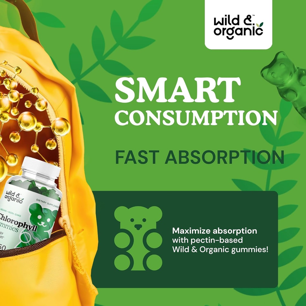 Wild & Organic Chlorophyll Gummies 50mg - Detox Cleanse Supplements w/Sodium Copper Chlorophyllin - Internal Deodorant w/Chlorophyll Powder - Vegan, Non-GMO - 60 Herbal Chews 5