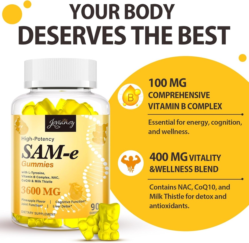 SAM-e Gummies with L-Tyrosine, Vitamin B Complex & NAC, CoQ10, High-Potency SAM-e Supplement - Pineapple Flavor, for Mood, Joint, Cognitive & Liver Detox, Vegan Friendly, 180 Gummies 5
