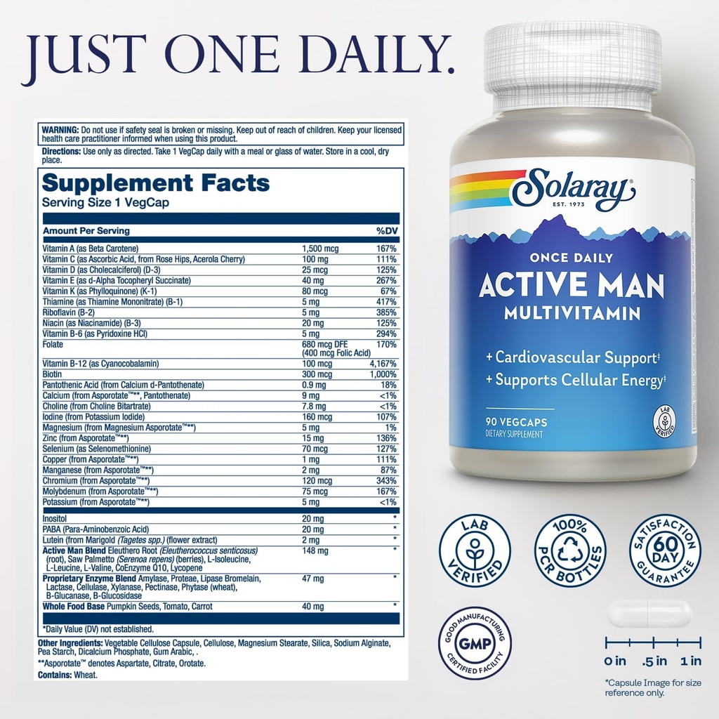 SOLARAY Once Daily Active Man Multivitamin - Cellular Energy and Immune Support Supplement w/Vitamin D, Vitamin C, B12, B6, Zinc, Lutein, Digestive Enzymes, Whole Foods, 60-Day Guarantee, 90 Servings 3