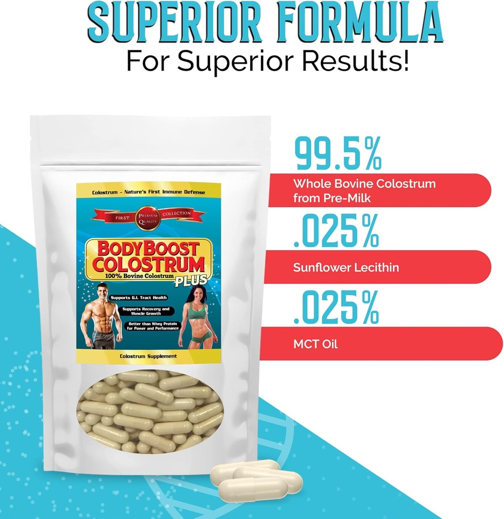 BodyBoost Colostrum Capsules (240) - Immune Booster Supplement with Immunoglobulin & Lactoferrin, Grass-fed Bovine Colostrum Capsule, 100% Bovine Colostrum, Super Food for Gut Health,Diverse Intake 5