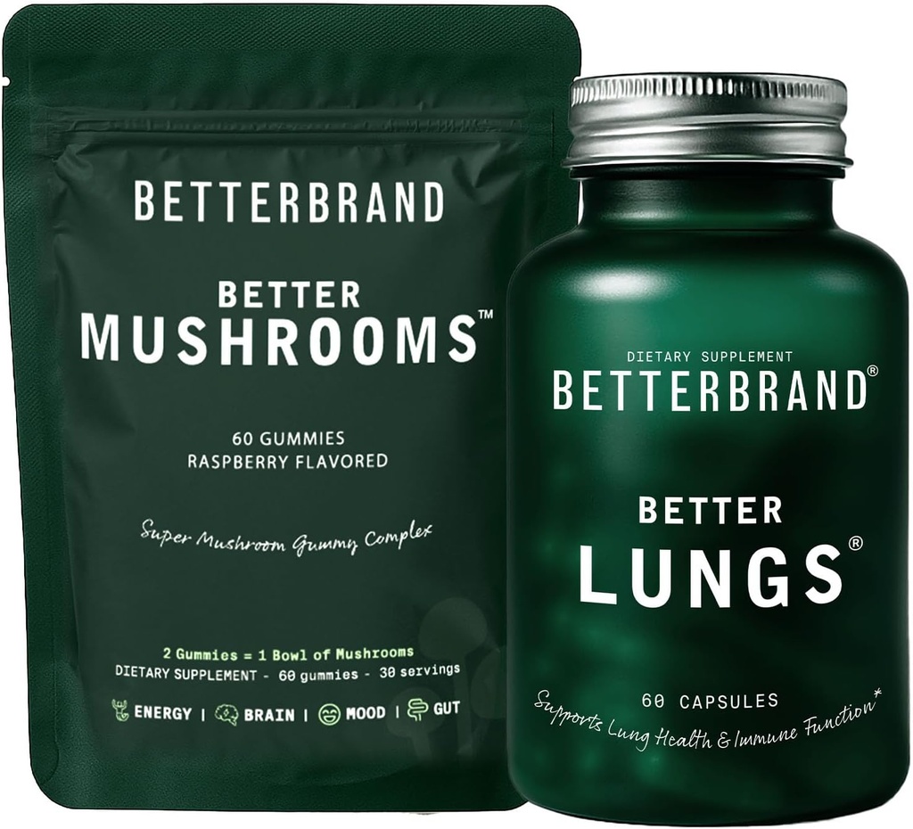 Betterbrand Better Lungs & Mushrooms Bundle - Daily Respiratory Health Supplement & Mushroom Gummies to Support Gut Health Bundle 2