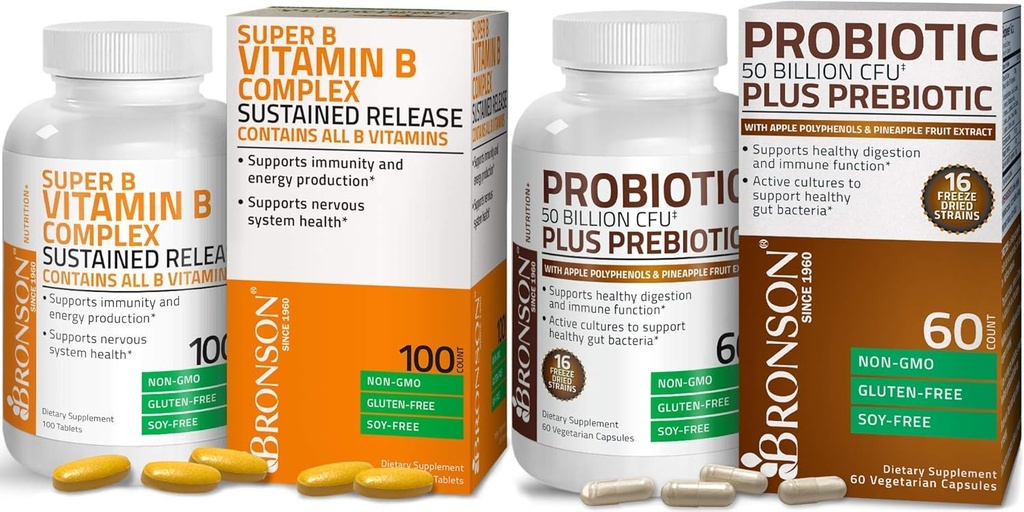 Bronson Probiotic 50 Billion CFU + Prebiotic with Apple Polyphenols & Pineapple Fruit Extract + Vitamin B Complex Sustained Release 2