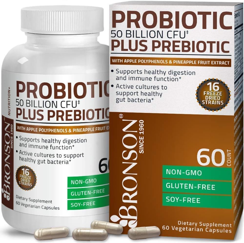 Bronson Probiotic 50 Billion CFU + Prebiotic with Apple Polyphenols & Pineapple Fruit Extract + Vitamin B Complex Sustained Release 3